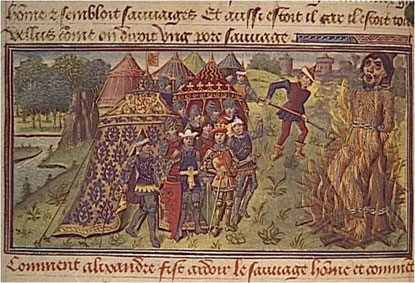 Miniature d’un homme sauvage livré au bûcher (Anonyme, Le Livre des Conquestes et Faits d’Alexandre, 1475)